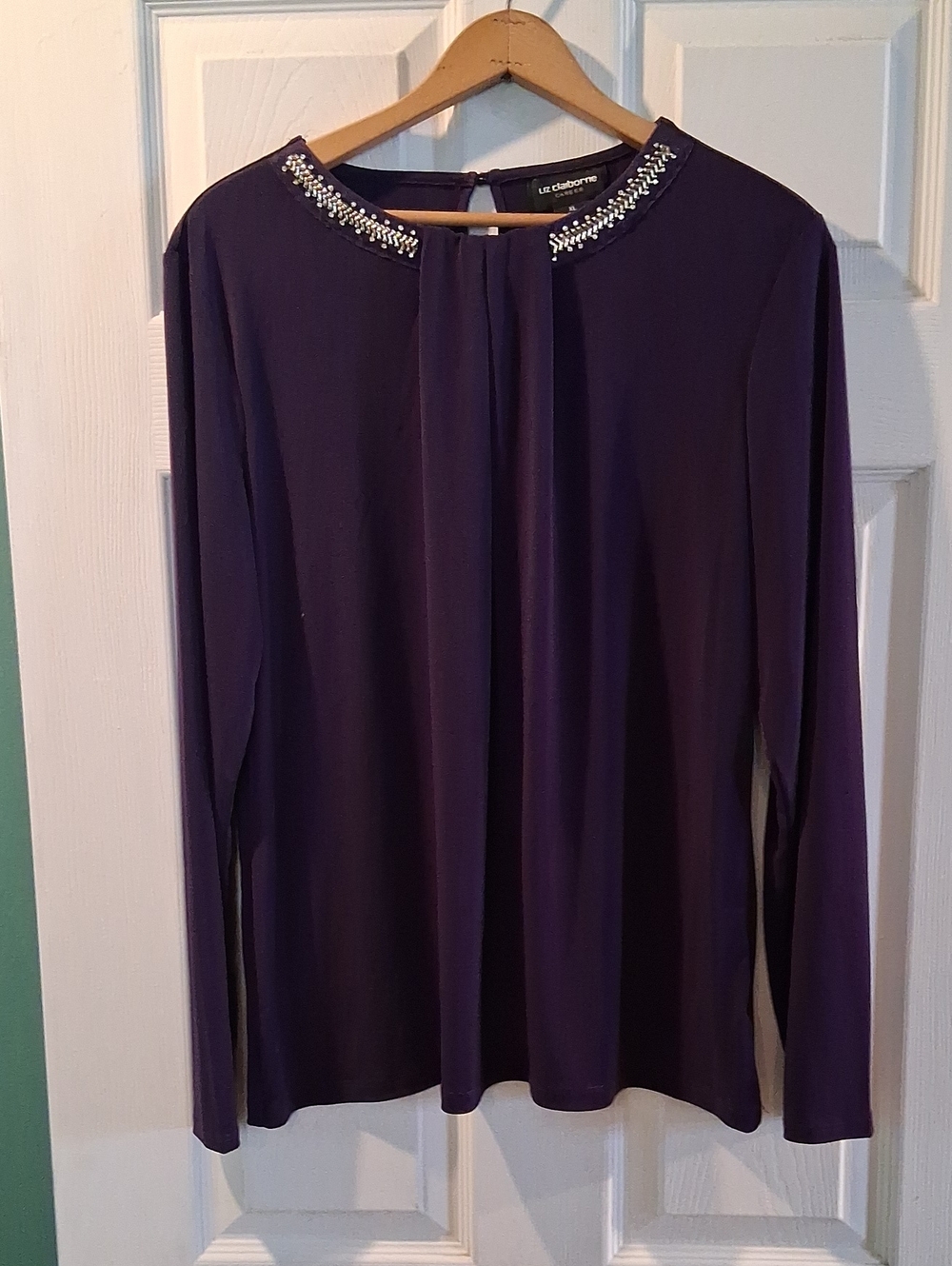 Liz Claiborne Purple Long-Sleeve Top with Jeweled Collar